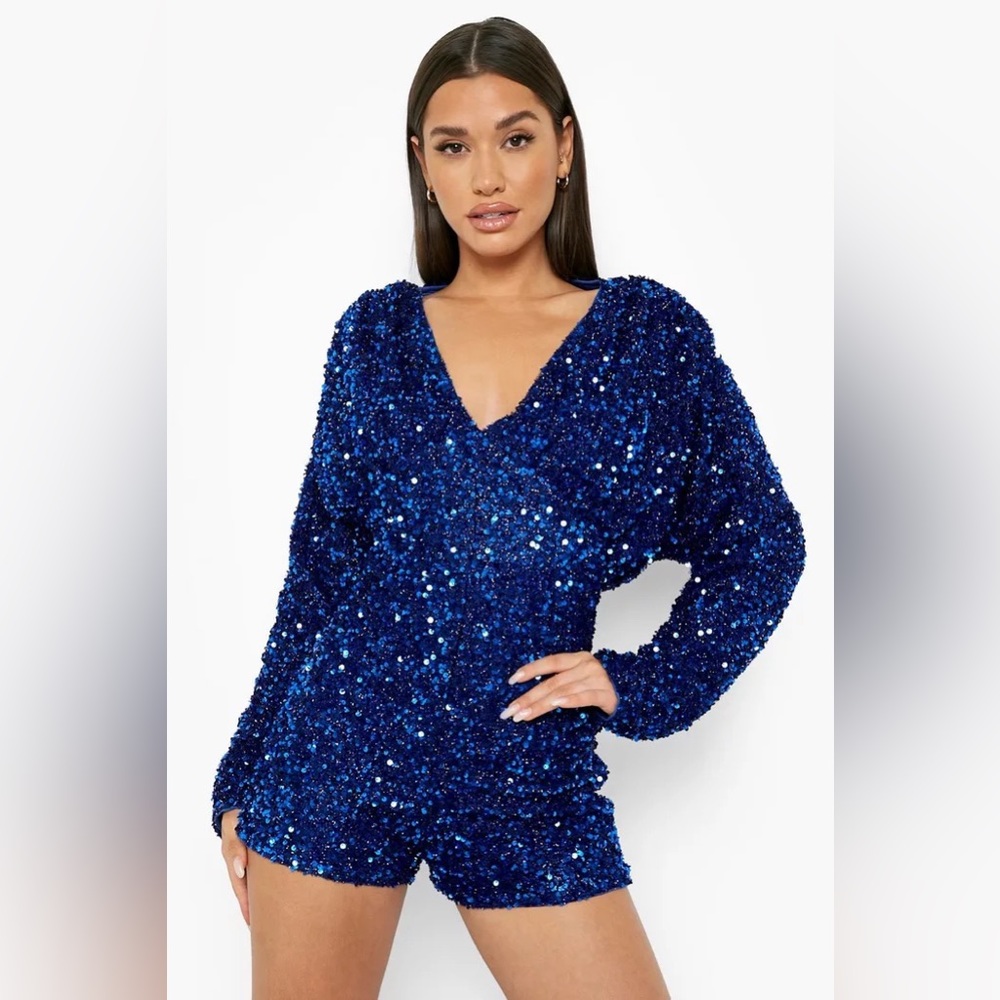 Blue Sequin Batwing Romper